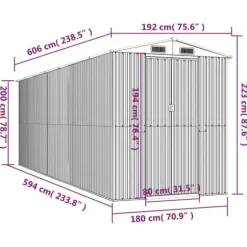 Haveskur i galvaniseret stål - Rummelig opbevaring | Farve: Lysegrå | Størrelse: 192x606x223 cm