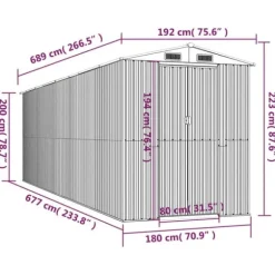 Haveskur i galvaniseret stål - Rummeligt opbevaringsskur | Farve: Lysebrun | Størrelse: 192x689x223 cm