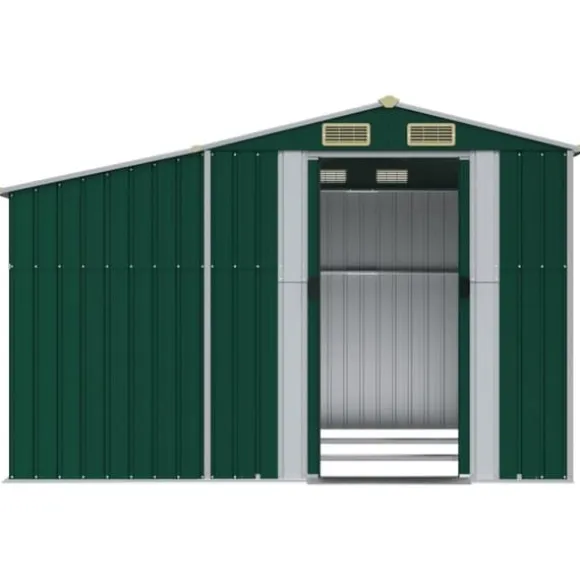 Haveskur i galvaniseret stål - Opbevaringsskur til haveværktøj | Farve: Grøn | Størrelse: 277x279x179 cm