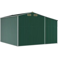 Haveskur i galvaniseret stål - Opbevaringsskur til haveværktøj | Farve: Grøn | Størrelse: 277x279x179 cm