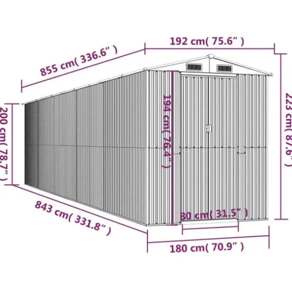 Haveskur i galvaniseret stål - Smart opbevaringsløsning | Farve: Mørkebrun | Størrelse: 192x85x223 cm