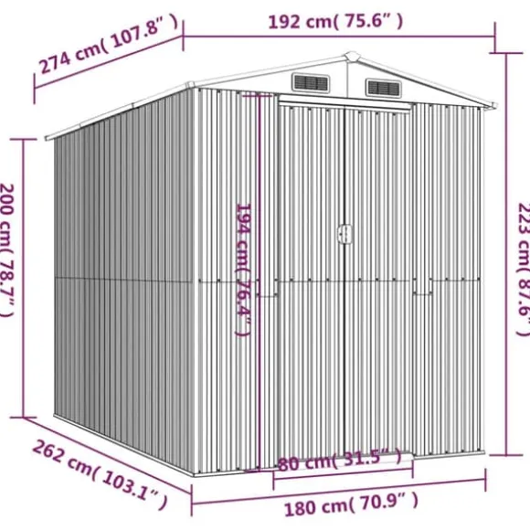 Haveskur i galvaniseret stål - Rummelig opbevaring | Farve: Antracitgrå | Størrelse: 192x274x223 cm
