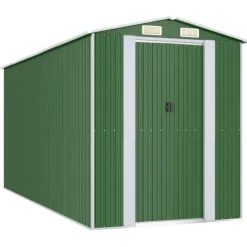 Haveskur i galvaniseret stål - Rummeligt opbevaringsskur | Farve: Grøn | Størrelse: 192x440x223 cm