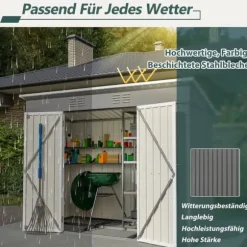 Haveskur i metal 8×4 ft (ca. 244×122 cm), grå – vejrbestandig, inkl. metalfundament (uden gulv) til have/terrasse