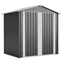 Haveskur i metal 142 x 185 cm, grå – aflåselig dør, ventilationshul, inkl. metalbund, vejrbestandig til haveredskaber