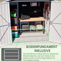 Haveskur i metal 142 x 185 cm, grå – aflåselig dør, ventilationshul, inkl. metalbund, vejrbestandig til haveredskaber