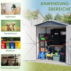 Haveskur i metal 142 x 185 cm, grå – aflåselig dør, ventilationshul, inkl. metalbund, vejrbestandig til haveredskaber