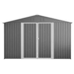 Haveskur i metal 300 x 252 x 191 cm, grå – gaveltag, robust opbevaring til haveredskaber og redskaber