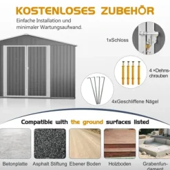 Haveskur i metal 300 x 252 x 191 cm, grå – gaveltag, robust opbevaring til haveredskaber og redskaber