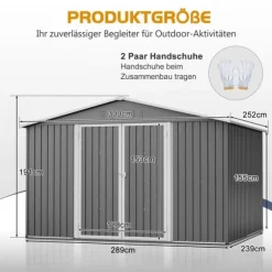 Haveskur i metal 300 x 252 x 191 cm, grå – gaveltag, robust opbevaring til haveredskaber og redskaber