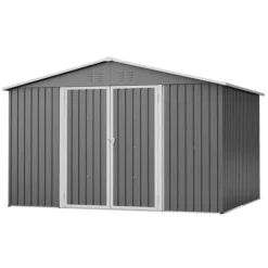 Haveskur i metal 300 x 252 x 191 cm, grå – gaveltag, robust opbevaring til haveredskaber og redskaber