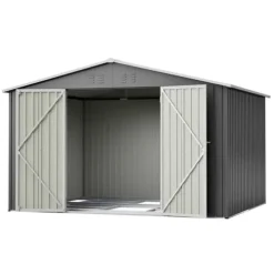 Haveskur i metal 300 x 252 x 191 cm, grå – gaveltag, robust opbevaring til haveredskaber og redskaber