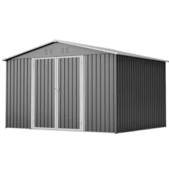 Haveskur i metal 300 x 252 x 191 cm, grå – gaveltag, robust opbevaring til haveredskaber og redskaber