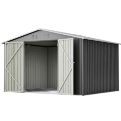 Haveskur i metal 300 x 252 x 191 cm, grå – gaveltag, robust opbevaring til haveredskaber og redskaber
