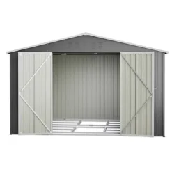 Haveskur i metal 300 x 252 x 191 cm, grå – gaveltag, robust opbevaring til haveredskaber og redskaber