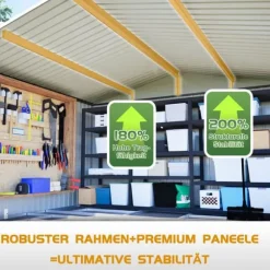 Haveskur i metal 300 x 252 x 191 cm, grå – gaveltag, robust opbevaring til haveredskaber og redskaber