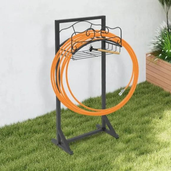Haveslangeholder - Fritstående slangestativ - Jern - Med jordspyd - Bæreevne 22,68 kg - Mål 38×18×86 cm - Samlet højde 106 cm - Sort