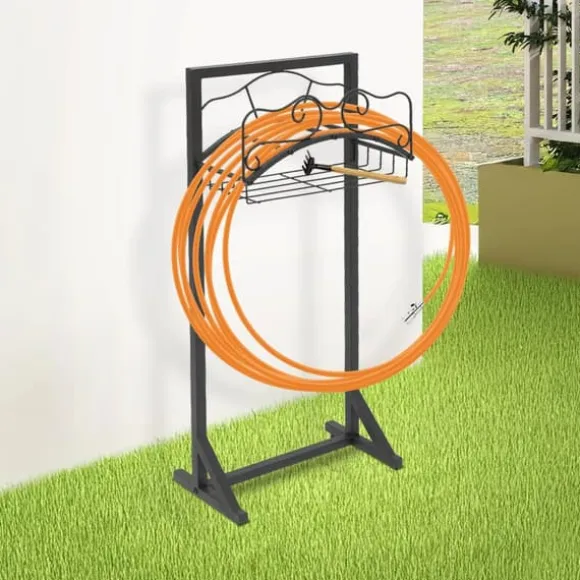 Haveslangeholder - Fritstående slangestativ - Jern - Med jordspyd - Bæreevne 22,68 kg - Mål 38×18×86 cm - Samlet højde 106 cm - Sort