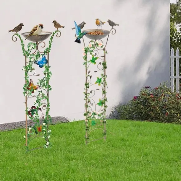 Have-spalier - Klatrestativ med fuglebad - Højde 100 cm - Metal - Fuglemotiv - Fuglebad 5 cm dyb - Jordspyd 17 cm - Vandtæt - Rød