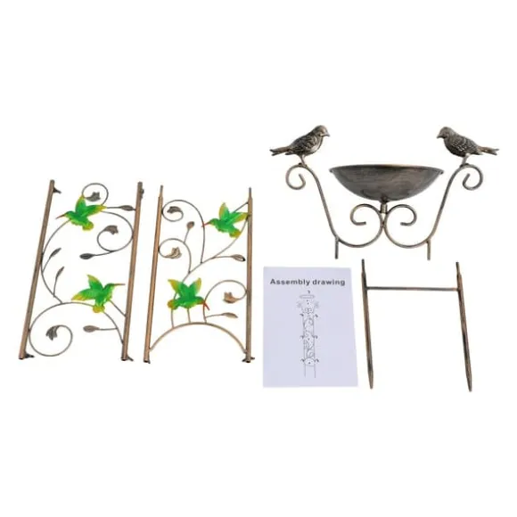 Have-spalier - Klatrestativ med fuglebad - Højde 100 cm - Metal - Fuglemotiv - Fuglebad 5 cm dyb - Jordspyd 17 cm - Vandtæt - Rød