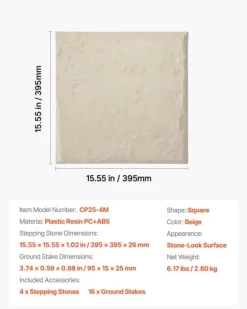 Havetrædesten - Trinsten - Sæt med 4 - 39,5 x 39,5 cm - Vejrbestandig plast - Med jordspyd - Til gangsti i have/terrasse - Beige