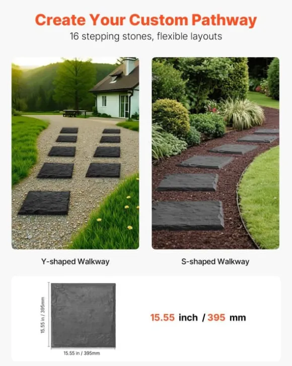 Havetrinsten / Trædesten - Sæt 16 stk. - Mål 39,5 x 39,5 cm - Vejrbestandig plast - Med jordspyd til fastgørelse - Til græsplæne og terrasse - Grå