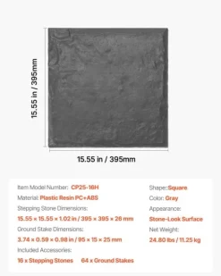 Havetrinsten / Trædesten - Sæt 16 stk. - Mål 39,5 x 39,5 cm - Vejrbestandig plast - Med jordspyd til fastgørelse - Til græsplæne og terrasse - Grå