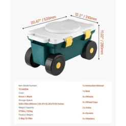Havevogn med Sæde på Ruller, Model 114 kg, Havescooter med Opbevaringskasse & Komfortabelt Sæde