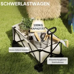Havevogn sammenklappelig 100 kg med aftagelig dug, håndtag & hjul, 138 L, beige