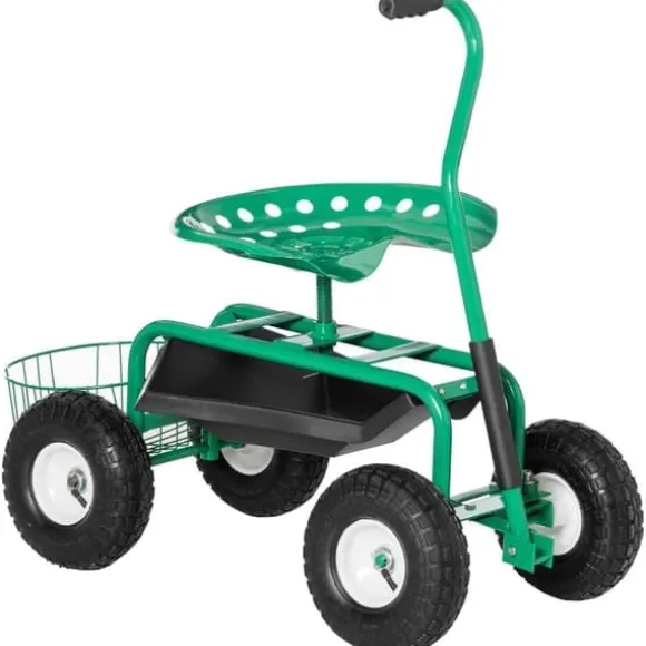 Havevogn/værkstedsvogn med roterende sæde & kurv, højdejusterbar, 150 kg, grøn, 81×44,5×46–59 cm