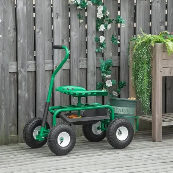 Havevogn/værkstedsvogn med roterende sæde & kurv, højdejusterbar, 150 kg, grøn, 81×44,5×46–59 cm