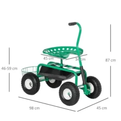 Havevogn/værkstedsvogn med roterende sæde & kurv, højdejusterbar, 150 kg, grøn, 81×44,5×46–59 cm