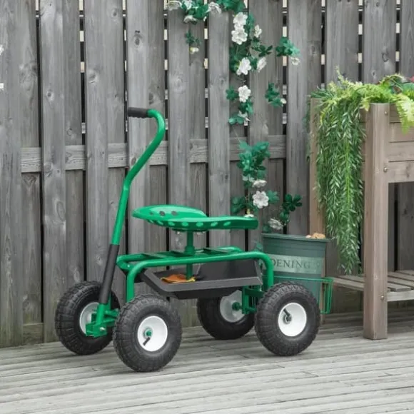 Havevogn/værkstedsvogn med roterende sæde & kurv, højdejusterbar, 150 kg, grøn, 81×44,5×46–59 cm