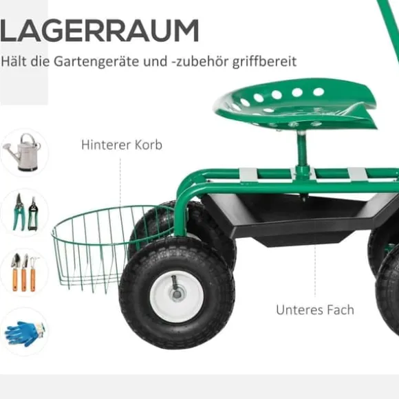 Havevogn/værkstedsvogn med roterende sæde & kurv, højdejusterbar, 150 kg, grøn, 81×44,5×46–59 cm