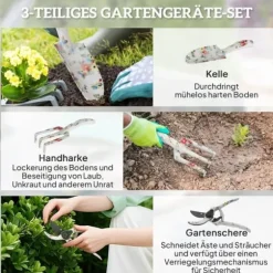 Haveværktøjssæt, 3 dele: plantespade, håndrive, beskæresaks, metal, flerfarvet