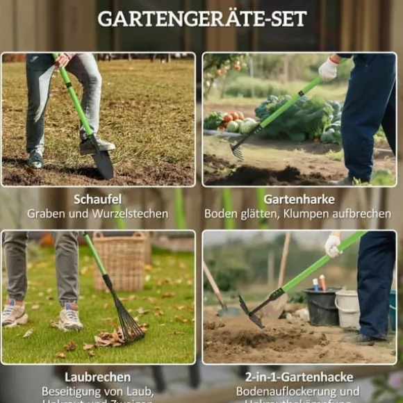 Haveværktøjssæt, 4 dele: spade, hakke, rive, bladrive – gave til hende & ham