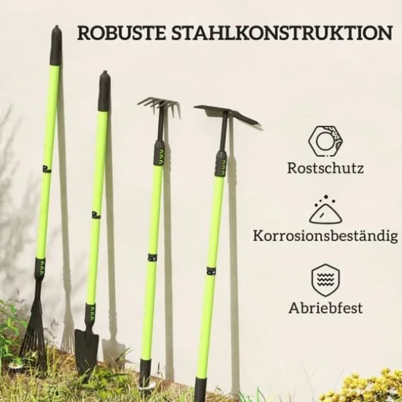 Haveværktøjssæt, 4 dele: spade, hakke, rive, bladrive – gave til hende & ham