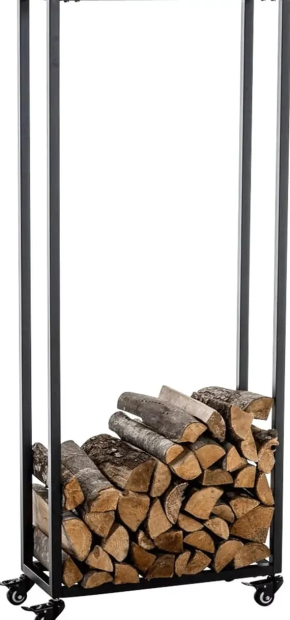Hetta Black Metal Firewood Rack with Wheels - 25x40x150 cm