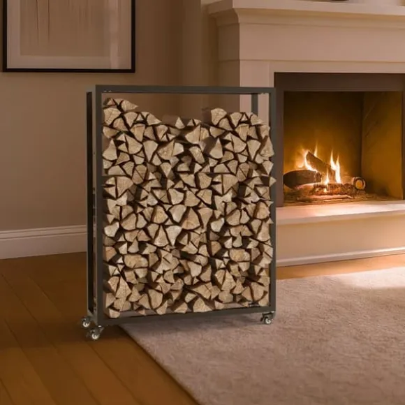 Hilta Metal Firewood Log Holder Stand with Wheels, Black, 25x80x100 cm
