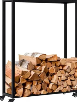 Hilta Metal Firewood Log Holder Stand with Wheels, Black, 25x80x100 cm