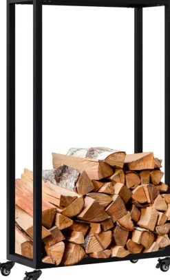 Hilta Metal Firewood Rack - Black, 25x60x100 cm, on Wheels with Lock