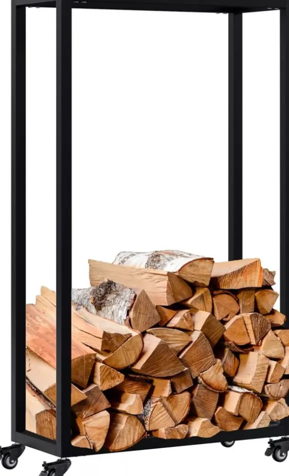 Hilta Metal Firewood Rack - Black, 25x60x100 cm, on Wheels with Lock