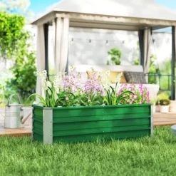 Højbed i stål 125x47x40 cm, grøn – plantekasse med handsker til grøntsager & blomster
