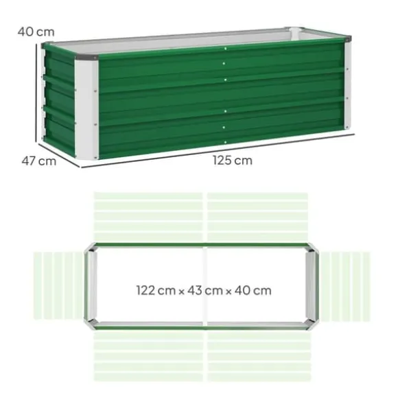 Højbed i stål 125x47x40 cm, grøn – plantekasse med handsker til grøntsager & blomster