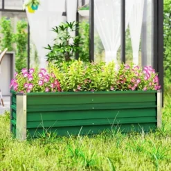 Højbed i stål 125x47x40 cm, grøn – plantekasse med handsker til grøntsager & blomster