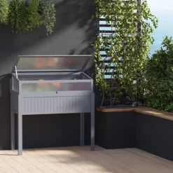 Højbed i træ med drivhus 120x54x112/122 cm, polykarbonat, grå – til tomater & grøntsager