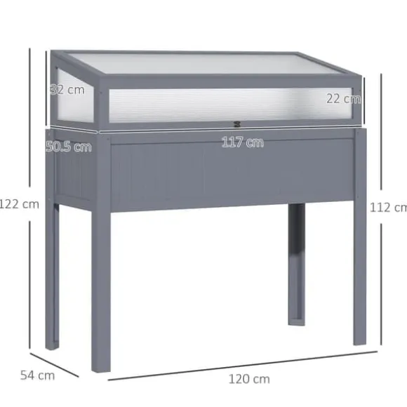Højbed i træ med drivhus 120x54x112/122 cm, polykarbonat, grå – til tomater & grøntsager
