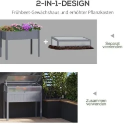 Højbed i træ med drivhus 120x54x112/122 cm, polykarbonat, grå – til tomater & grøntsager