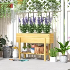 Højbed i træ 100x30x70,5 cm med hylde & dræning – vejrbestandig