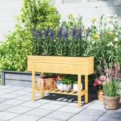 Højbed i træ 100x30x70,5 cm med hylde & dræning – vejrbestandig